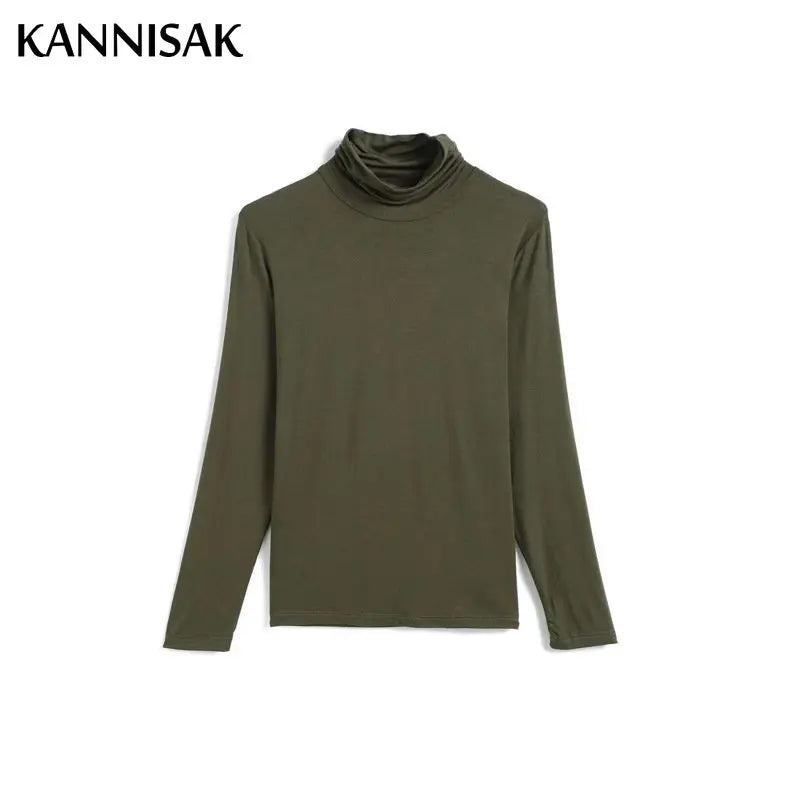 Women T-shirt Turtleneck Casual Slim High Solid Top