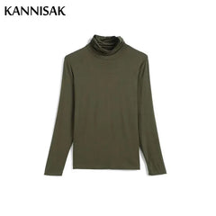 Women T-shirt Turtleneck Casual Slim High Solid Top