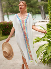 Embroidered Kaftan Retro V-neck White Dress Plus Size