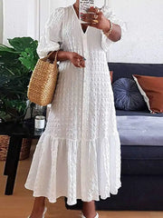 Summer Casual Solid Color Robe V Neck Puff Sleeve Stylish Maxi Sundress