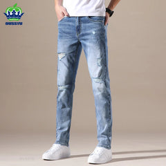 Men Jeans Slim Fit Skinny Denim Elastic Ripped Hole Pant