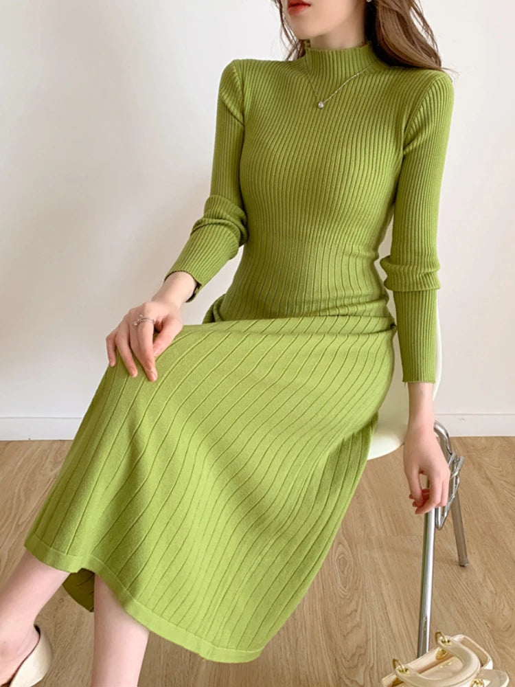 Long Sleeve Midi Knitted Half High Collar Elegant Knitted Sweater Dresses