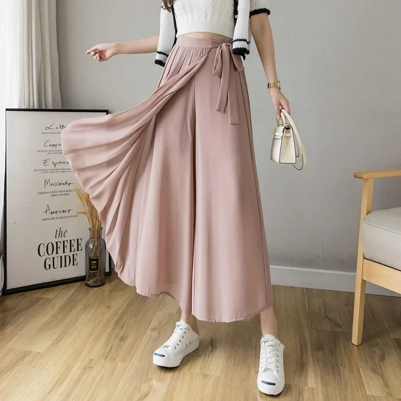 Style Women Pleated Chiffon Trousers High Waist Pants