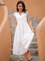 Simple Casual Solid Hollow Out Cotton Style High Waist Fashion Dress