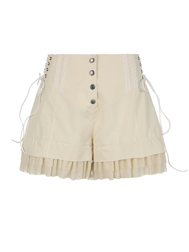 Ruffles Shorts Baggy Button Up High Waist Side Bandage Vintage