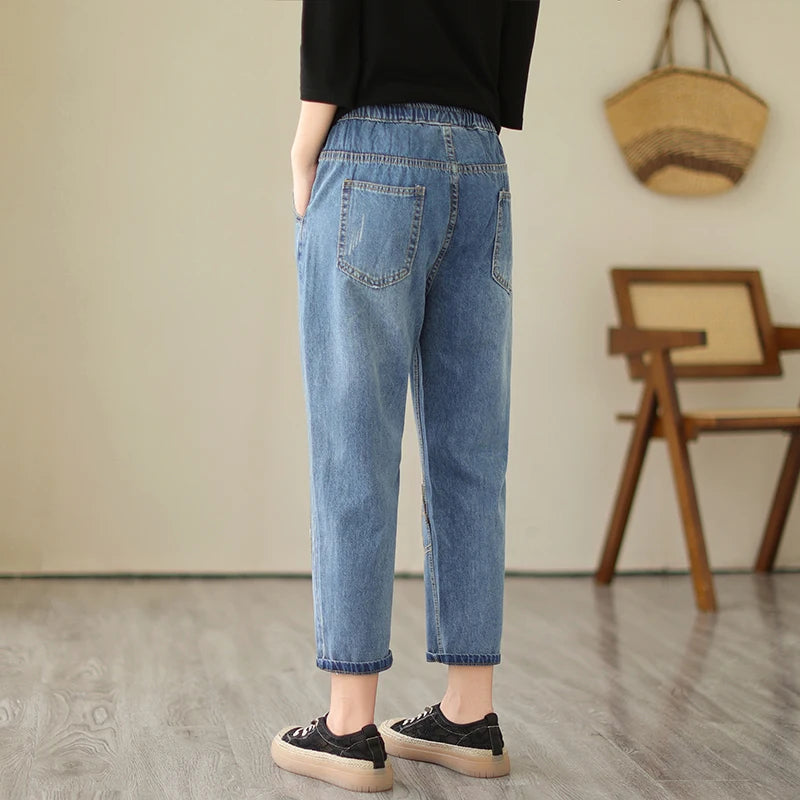 Design Flower Embroidery Jeans  Casual Loose Vintage Style