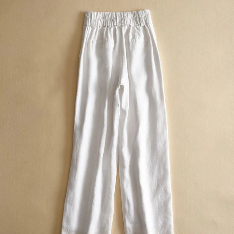 Fashion Cotton Linen Pants Elegant High Waist Wide Leg Trouser