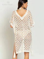 White Mesh Dress Bikini Cover-ups See Through Hollow Out Mini Dress