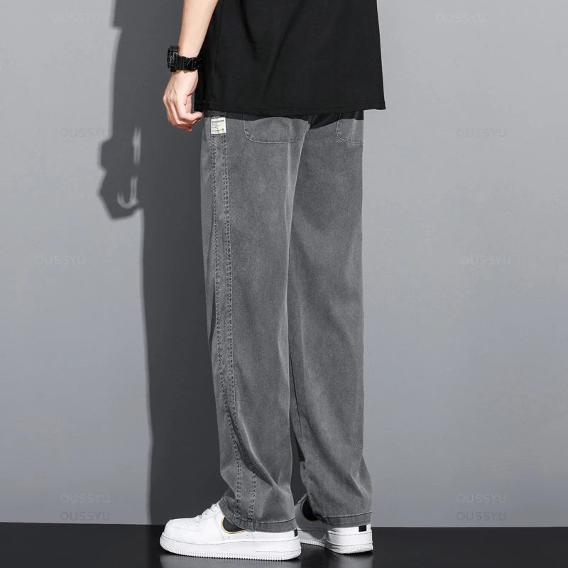 Summer Men's Jeans Thin Loose Straight Pants Drawstring Elastic Waist