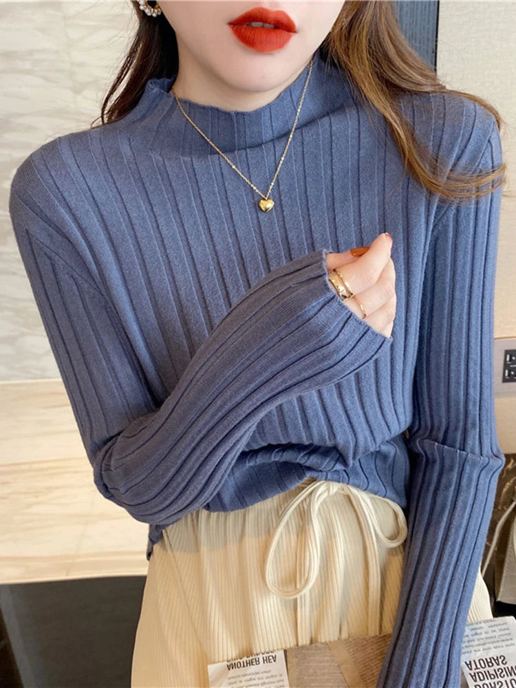 Autumn Winter Knitted Ribbed Turtleneck Sweater Clothes