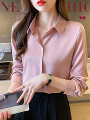 Minimalist Long Sleeve Satin Blouses Shirt Style Solid