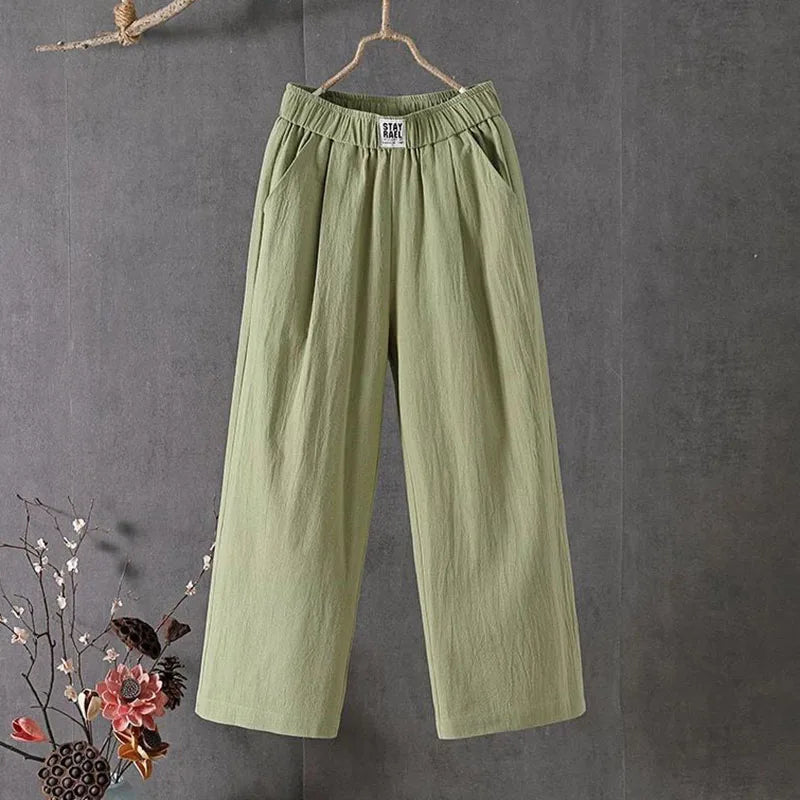 Summer Elastic Waist Women's Pants Casual Solid Cotton Linen Ankle Length