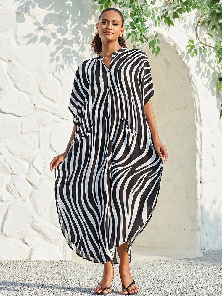 Swimsuit Cover up Women Stripe Print Kaftan Plus Size Bathing Suit