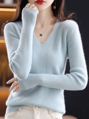 Women Wool V-neck Sweater Jumpers Solid Pullovers Tops