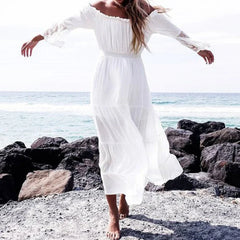 boho dress white off the shoulder beach sundress Flare long sleeve