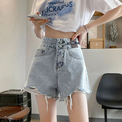 High Waist 2 Buttons Wide Leg Vintage Hole Tassel Baggy Denim Shorts