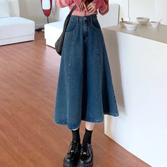 High Waist Retro Blue Denim A-Line Long Skirt