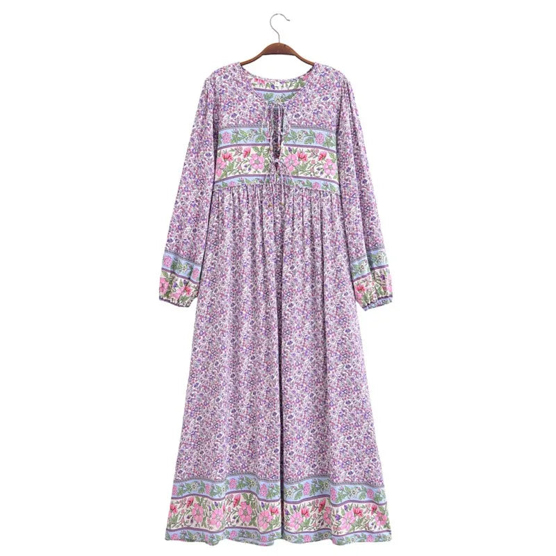 BOHO Lavender Small Flower Print Bow Lacing up Neck Long Straight Dress