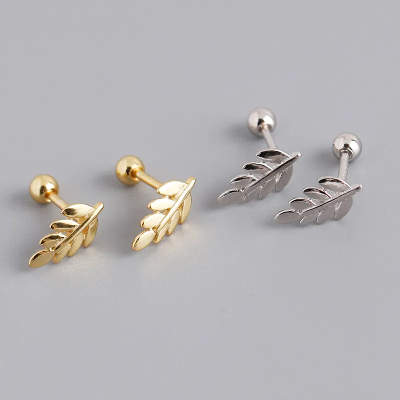 Fashion Simple Ear Bone Piercing Screw Beads Leaf Stud Earrings