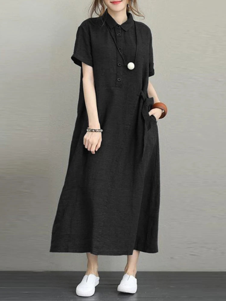 Linen Vintage Casual Loose Lapel Short-sleeved Dress