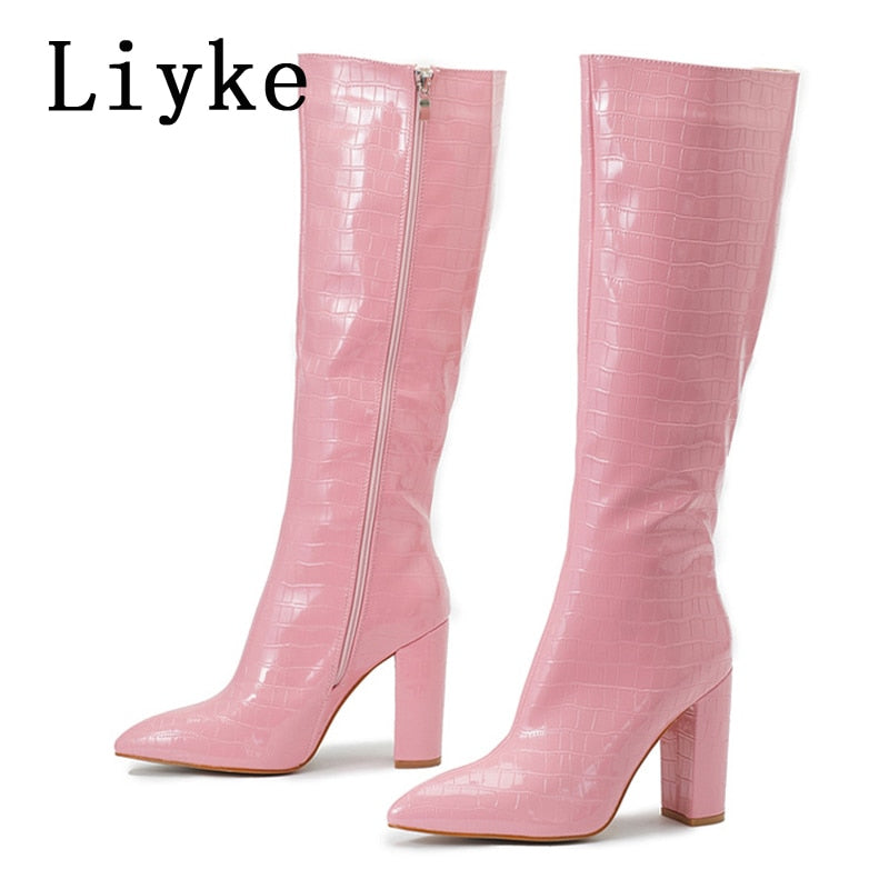 Pointed Toe Zip Knee High Boots Fashion Print Square Heels