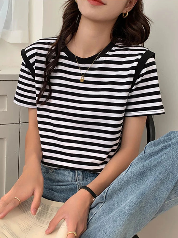 Striped T-shirts Women Top Tee Summer Cotton Short Sleeve Casual