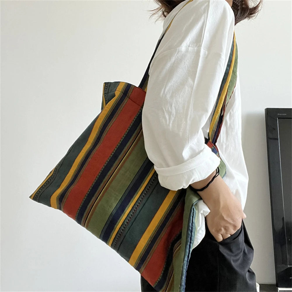 Retro Women's Canvas Shoulder Bag Rainbow Striped Shopping Bag