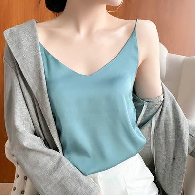 Summer Tank Tops Silk V-neck Ladies Camis Solid Casual Basic