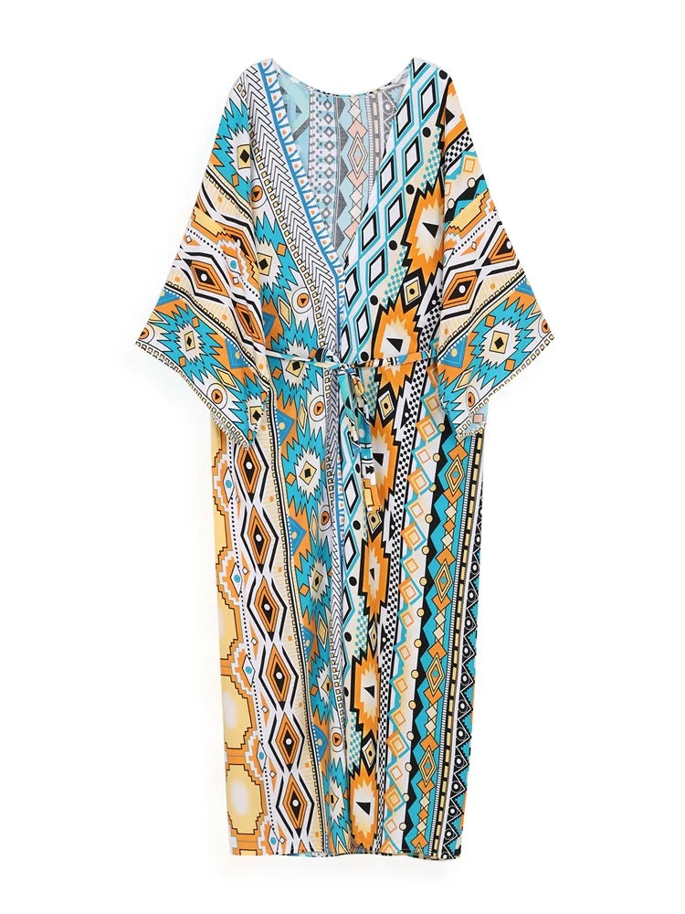 Chic Printed Women Plus Size Belted Kimono Dress Swimsuit Cover-ups