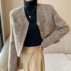 Jacket Style Simple Tweed Coat Chic Single-Breasted O-Neck Outerwear