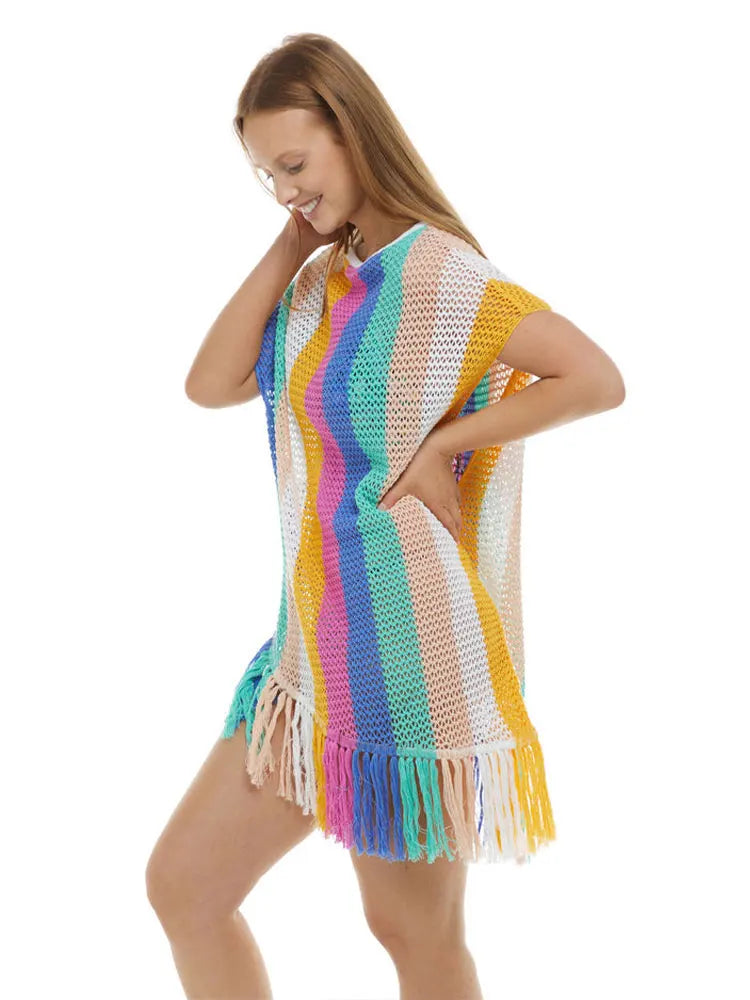 Stripe Tassel Casual Short Sleeve Knitting Bikini Cover-ups