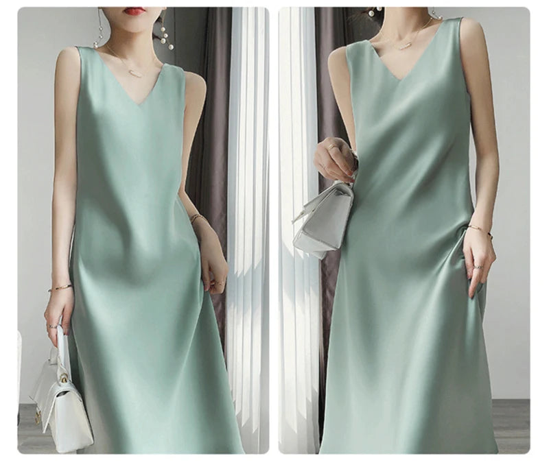 V-Neck Sleeveless Satin Party Long Maxi Dress Casual Sundress