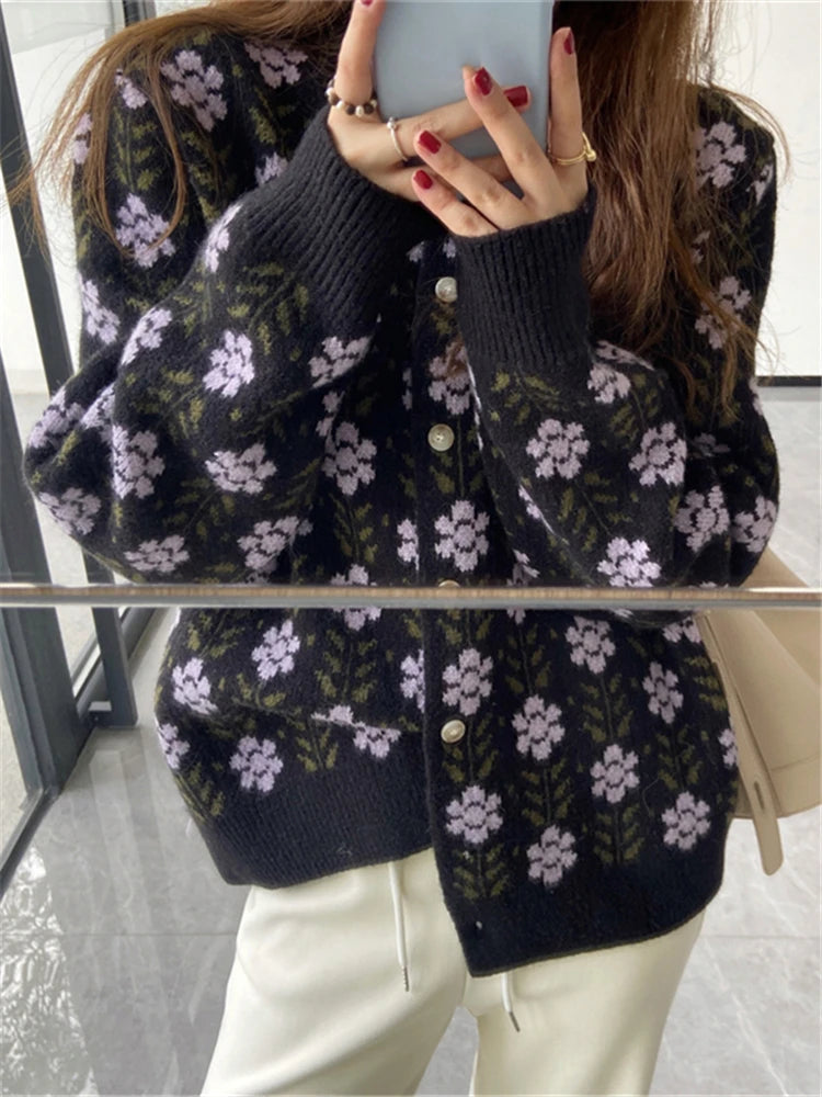 Vintage Floral Korean Fashion Knitting Cardigans Sweaters Tops