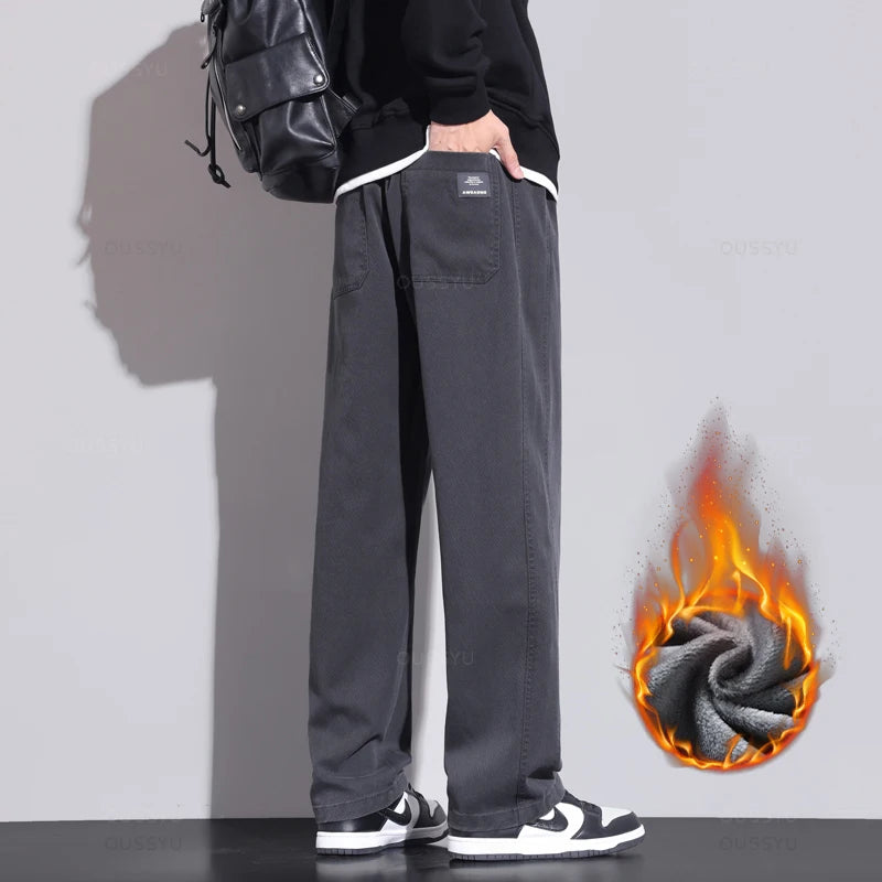 Fleece Casual Pants Men Elastic Waist Straight Thick Work Flocking Trousers