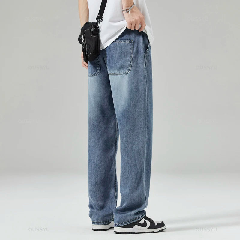 Summer Men's Jeans Loose Straight Pants Elastic Waist