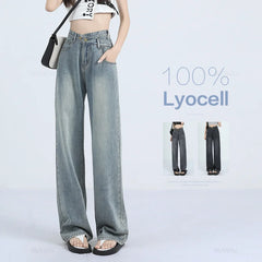 Woman Jeans Thin Loose Wide Leg Straight High Waisted Pant