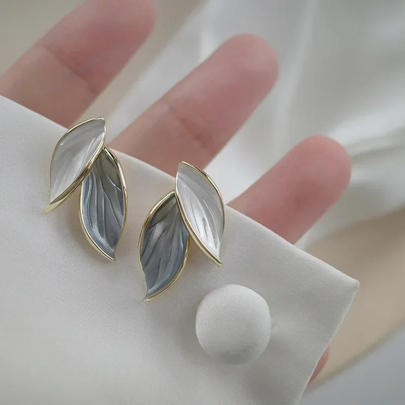 Metal Trendy Fresh Lovely Sweet Grey Leaf Stud Earrings