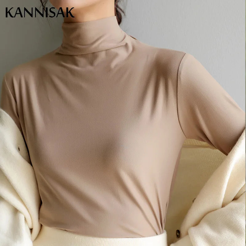 Long Sleeve Turtleneck T-shirts Solid Velvet Casual Tops