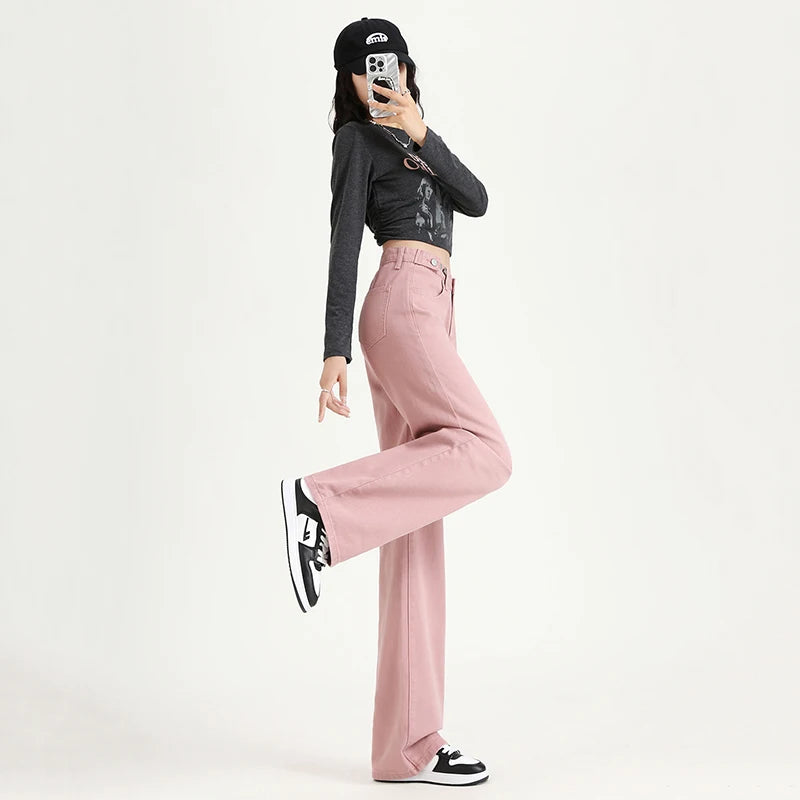 Straight  Jeans Adjust Elastic High Waist Vintage Denim Pants