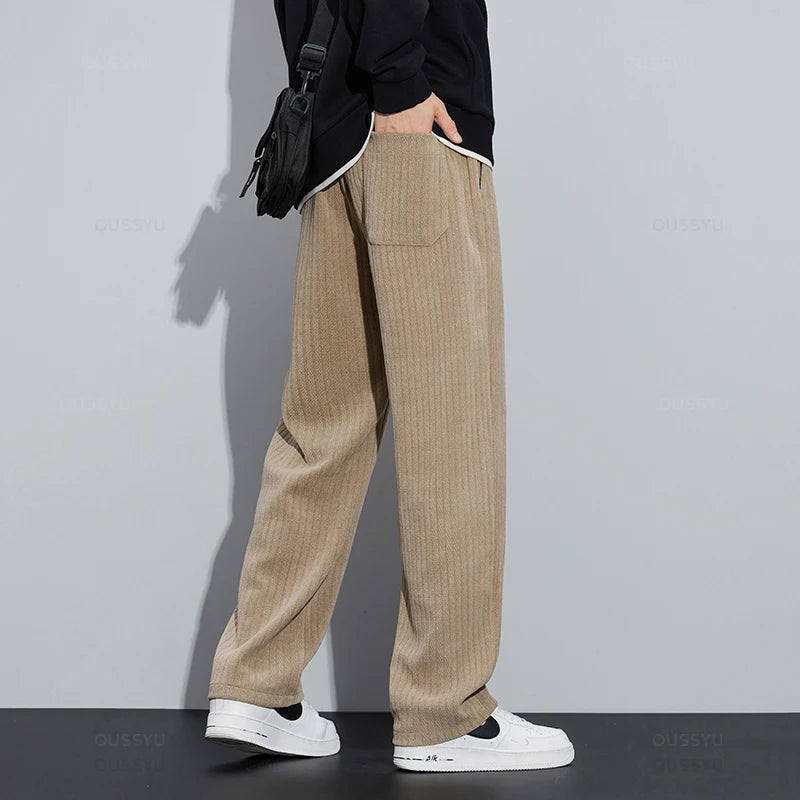 Stretch Stripe Corduroy Pants Thick Elastic Waist Baggy Straight Jogger Trousers