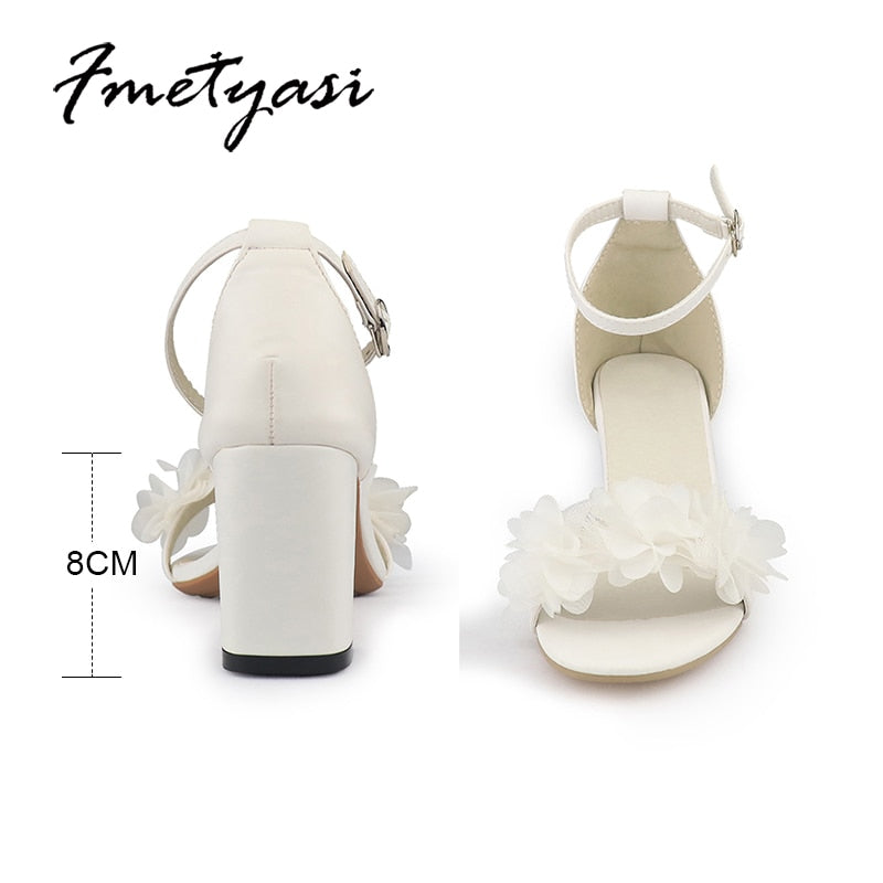 White Women Heels Flower Sandals Thick Heels Shoes Fashion