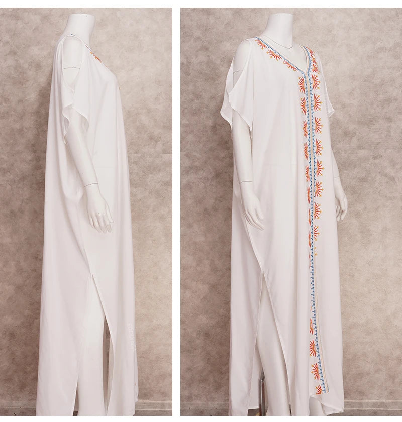 Long White Embroidered Plus Size Kaftan Maxi Dress