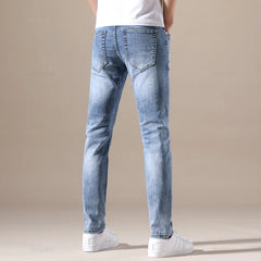 Clothing Jeans Men Stretch Light Blue Denim Fashion Pleated Retro Pocket