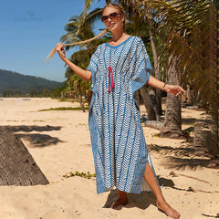 Casual Bikini Cover-ups Blue Tunic Striped Summer Beach Dress