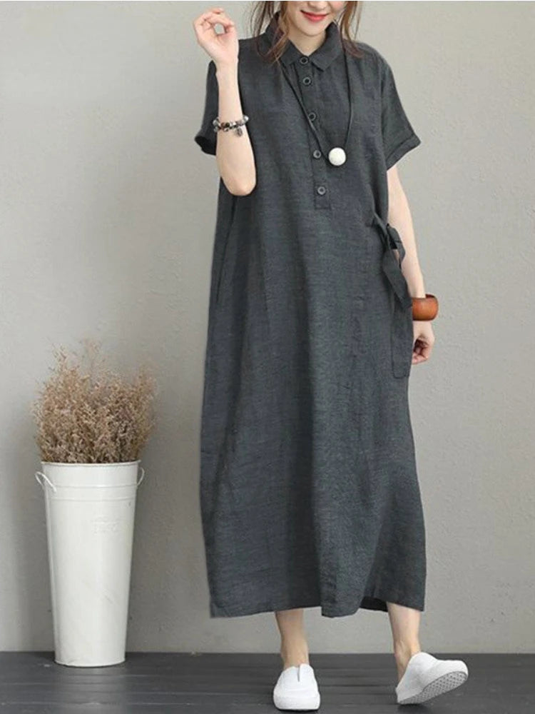 Linen Vintage Casual Loose Lapel Short-sleeved Dress