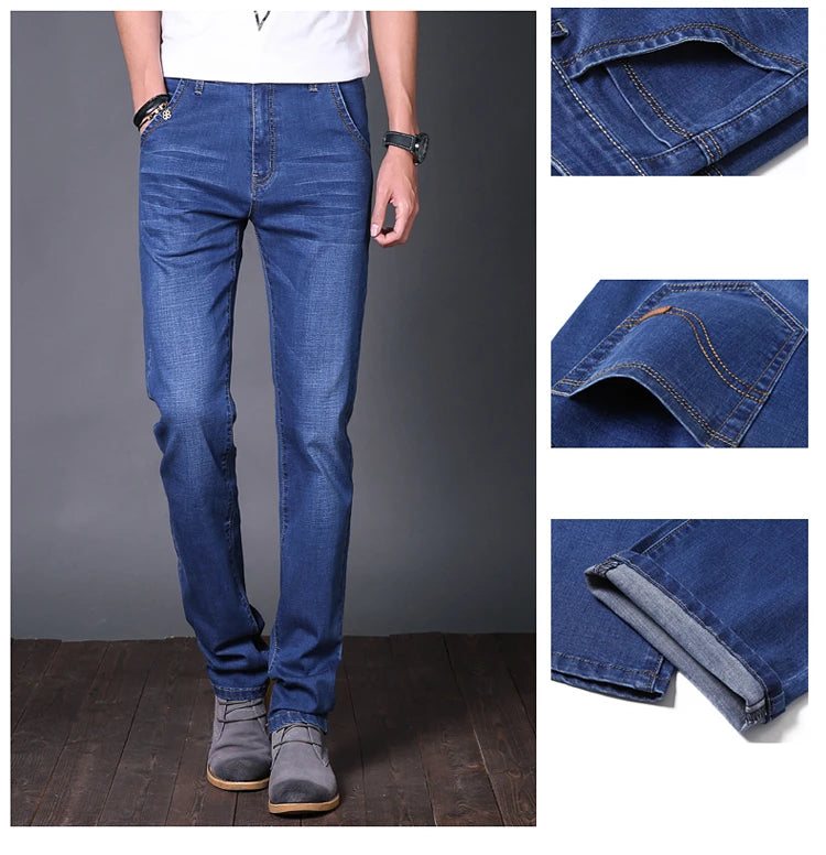 Classic Thin Denim Jeans Lightweight Elastic Simple Casual Trousers