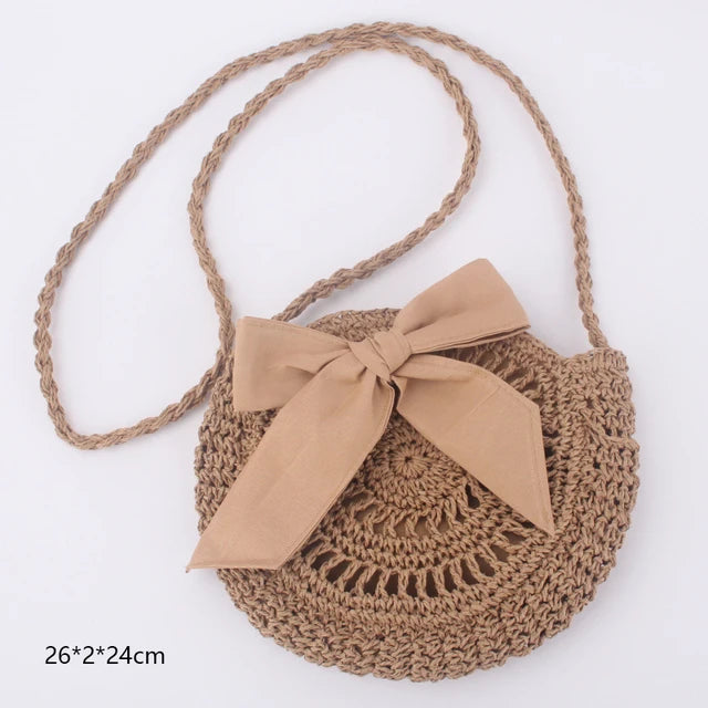 Hand-Crochet Knitting Straw Crossbody Bag Round Woven Knitted