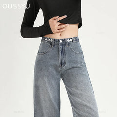 Straight  Jeans Adjust Elastic High Waist Vintage Denim Pants