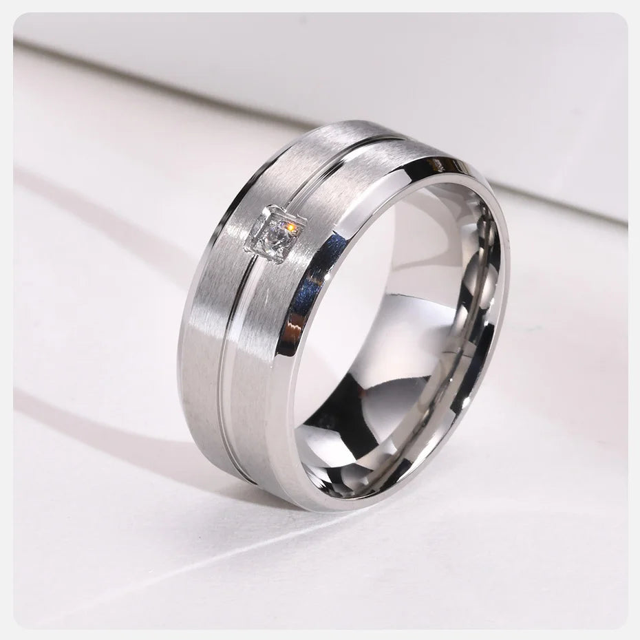 8mm Men's Band CZ Stone Stainless Steel Line Ring Simple Casual