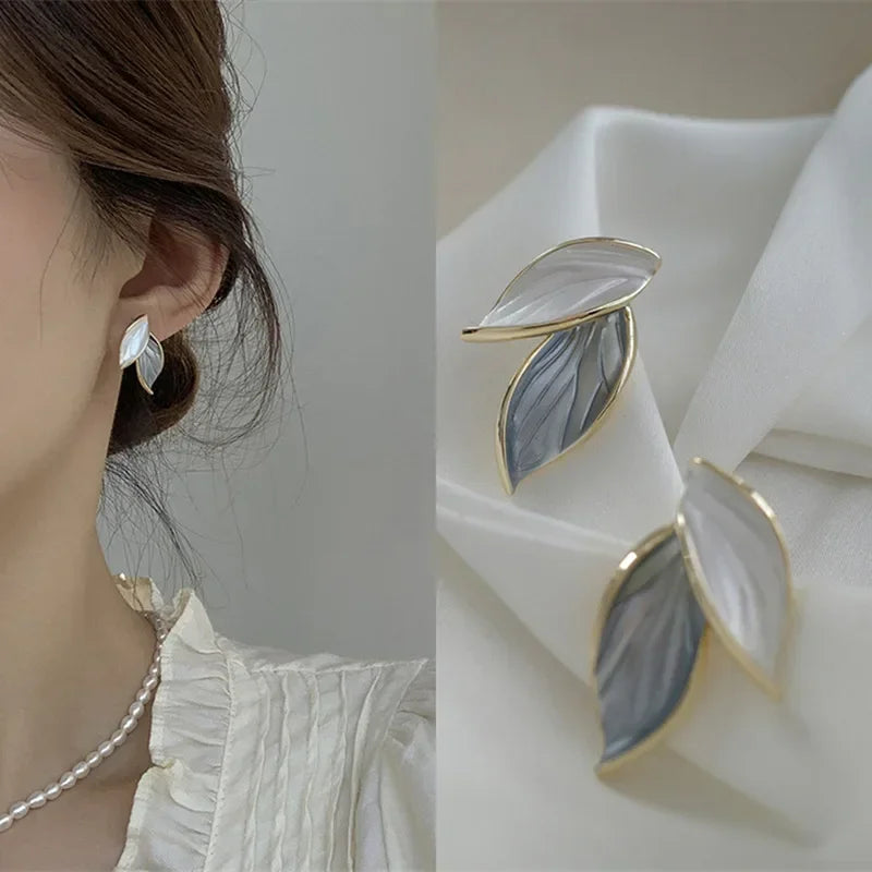 Metal Trendy Fresh Lovely Sweet Grey Leaf Stud Earrings